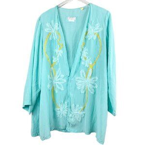 Vintage V Sierra Mejico 100% Pure Silk Open Floral Applique Teal Cover Size L